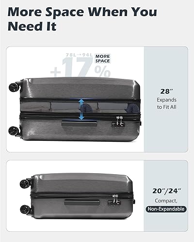 Miniatura 9 de Coolife Maleta Expandible PC+ABS Juego de 3 piezas con cerradura TSA Spinner 20in24in28in, plateado