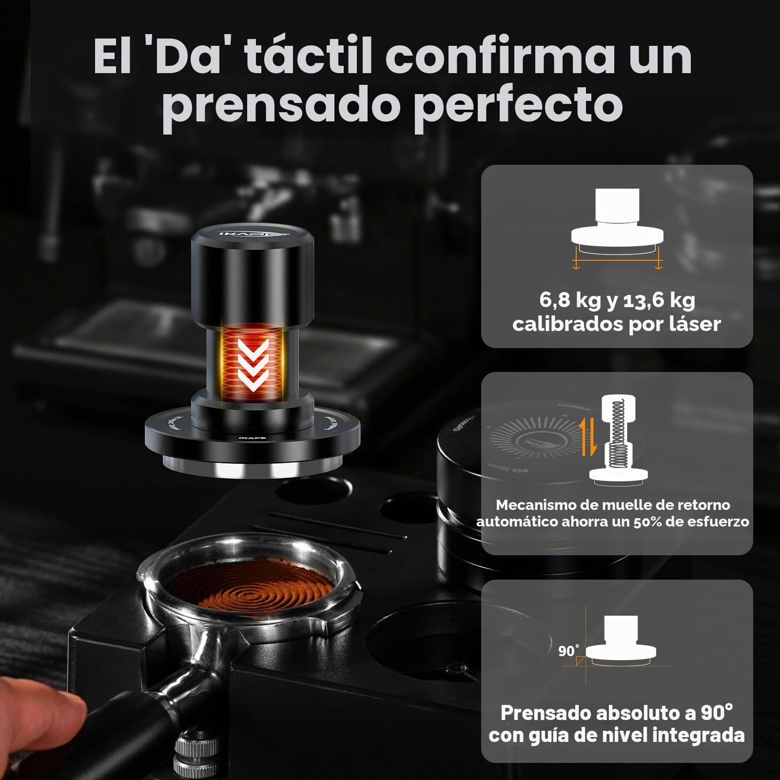IKAPE Prensador de café expreso de 58,35 mm V6 Impact con retroalimentación acústica, muelles intercambiables (15 lb/30 lb), prensador plano con sistema de triple resorte, apto para portafiltros de 58