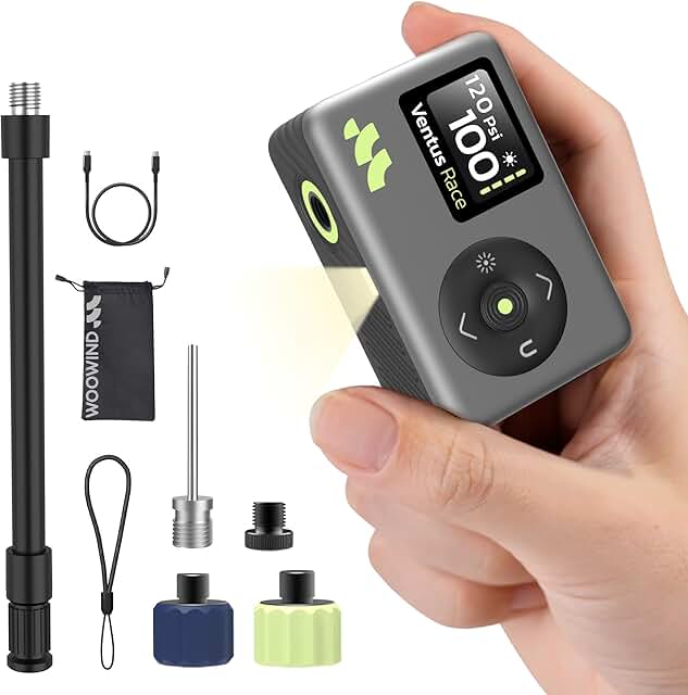 Woowind Ventus Race Portable Bicycle Pump with Digital Pressure Gauge, Rechargeable, 120 PSI, for Road, Mountain Bikes and Balls, Tire Inflator for Schrader and Presta Valves