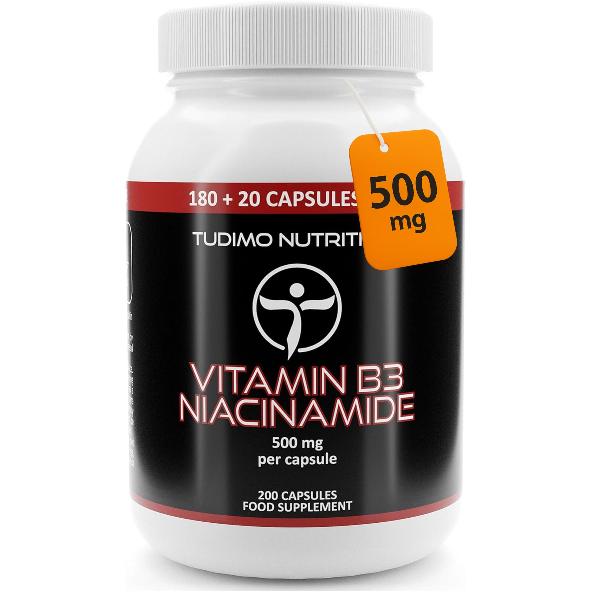 Vitamin B3 Niacinamide Supplement 500mg Flush Free Capsules - 200 High Strength Caps (6+ Month Supply), Each with 500 mg of Pure VIT B3 Nicotinamide 500mg Powder