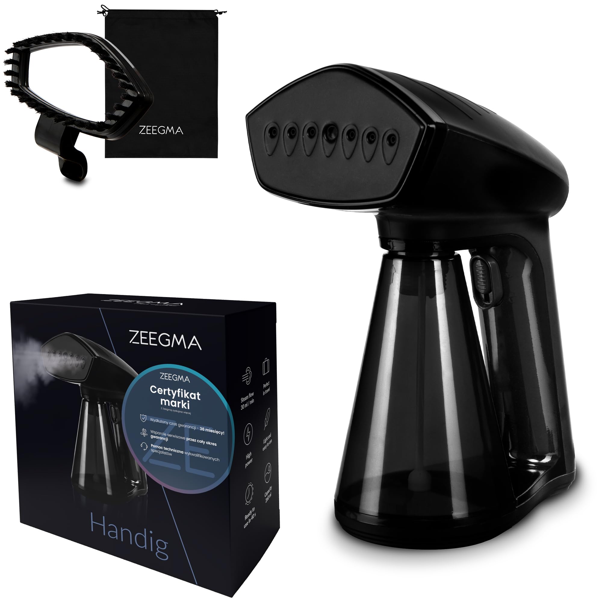 ZEEGMA Handig Parownica (steamer) do ubrań, 1500 W, 40 sekund przygotowania, 30 g/min, przewód - 2,5 metra, możliwość pionowego i poziomego prasowania, praktyczna torba w zestawie