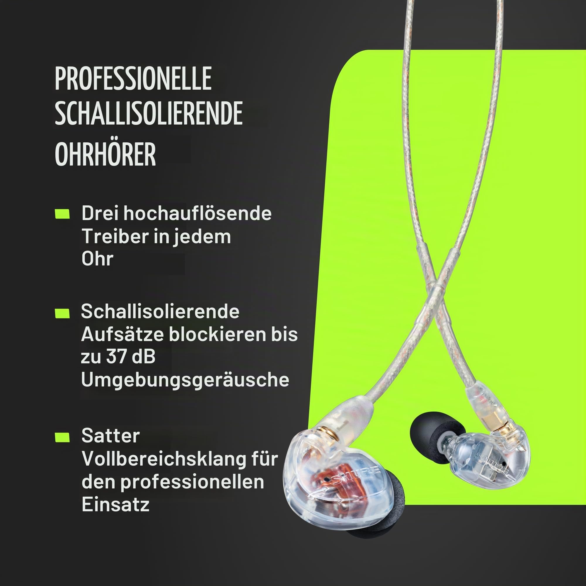 Shure SE535 In-Ear-Kopfhörer, transparent, In-Ear-Kopfhörer (In-Ear), 18-19000 Hz, 1,62 m, transparent | Dreifache High-Definition-Treiber, abnehmbares Kabel, sichere Over-Ear-Passform und In-Ear-Kopfhörer, transparent