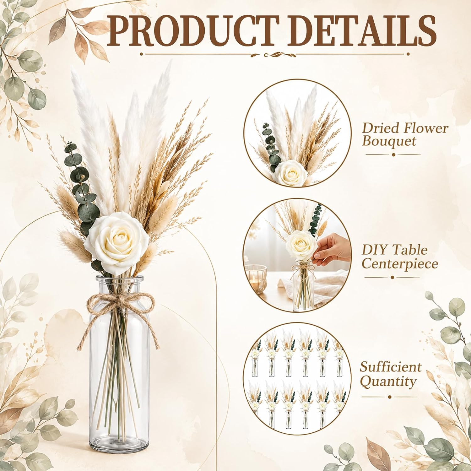 12 Set Dried Pampas Grass Bouquet Centerpieces,10 Glass Flower Jars, 10 Artificial Roses and 80 Pampas Stems with Rope Ties, Rustic Table Decor for Wedding, Baby Shower Party, Farmhouse Decorations