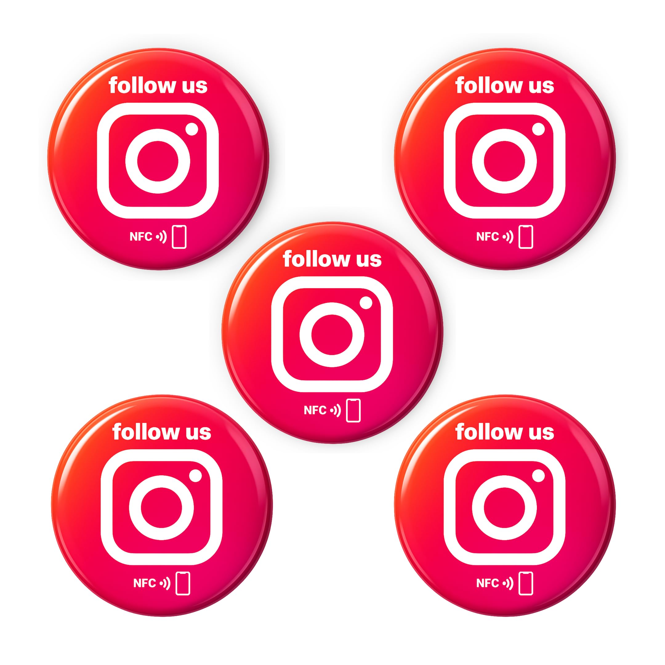 5 x NFC Stickers - Instagram "Follow us" - English - Rewritable & Contactless - Diameter 3 cm with 3M Back - For Events, Appointment Cards, Salons & Shops - Environmentally Friendly Packaging