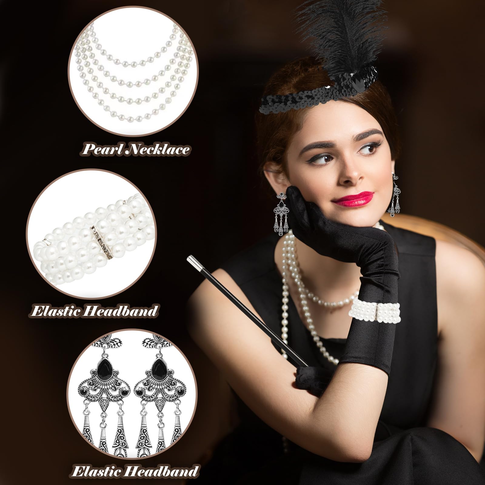 7 Pieces 1920s Accessories for Women Great Gatsby Accessories, 20s Theme Flapper With Headband Earrings Pearl Necklace Glove - Image 3