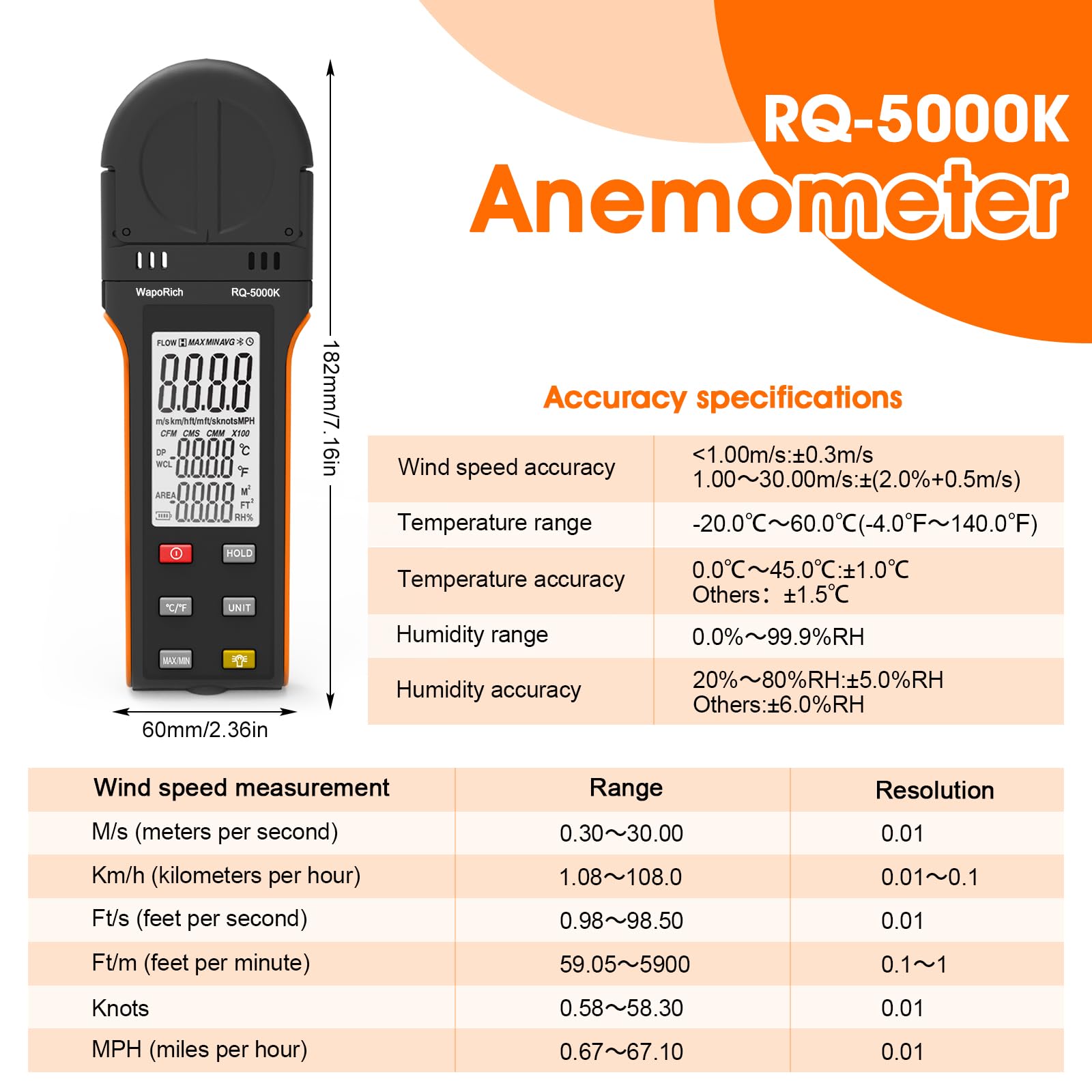 Anémomètre numérique WapoRich - Mesure de l'humidité / de la température / de la vitesse du vent avec MAX/MIN/AVG - Pour HVAC, voile, surf, drone - RQ-5000 K