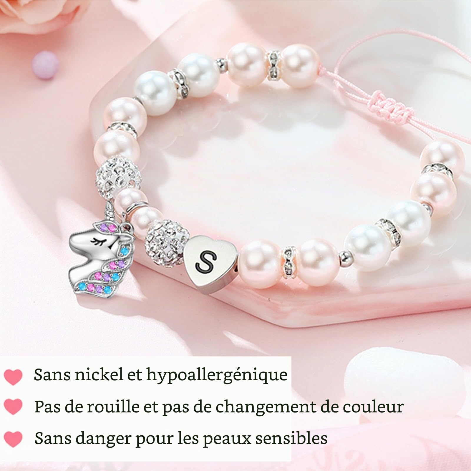 TINGN Bracelet Licorne Cadeaux pour Filles – Perles Roses et Boules de Strass Bracelet Licorne Coeur avec Lettres Arc-en-Ciel CZ