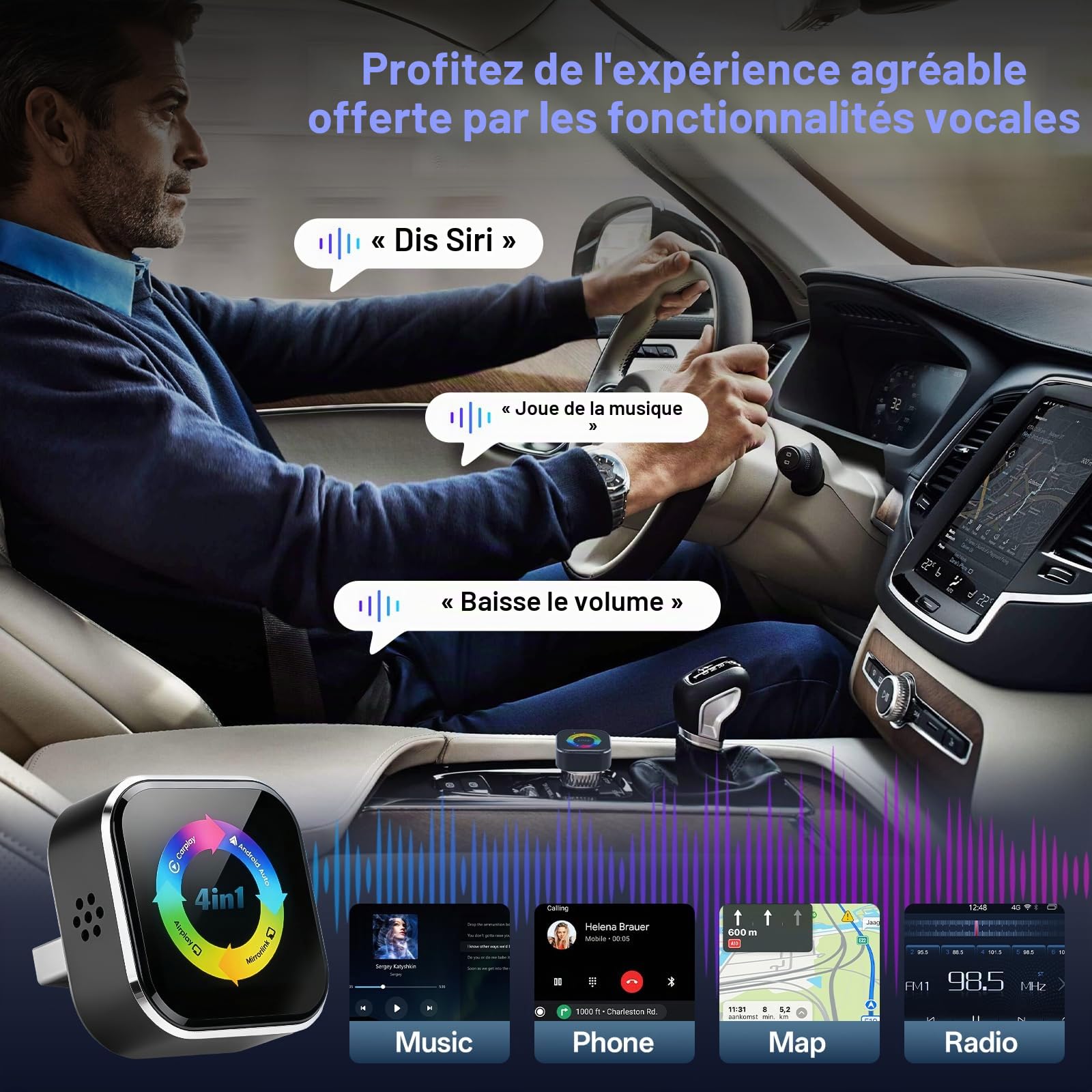 Adaptateur sans Fil CarPlay 4 en 1 - Filaire vers sans Fil pour Car-Play & Android Auto avec Mirror Link & AirPlay, Module CarPlay sans Fil Plug & Play pour téléphone et Android, Voitures à partir de