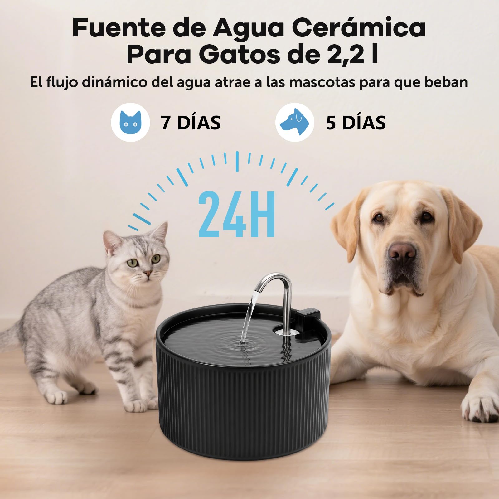 Fuente para gatos de cerámica, 2,2 L, para gatos, cerámica, dispensador de agua silencioso, dispensador automático de agua para mascotas, con sistema de filtro, color negro