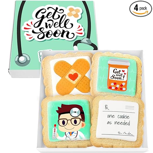 Get Well Soon Gift Cookies Basket Box 4 PACK For Kids and Adults After Surgery Care Package Feel Better Sick | Nut Free | Kosher