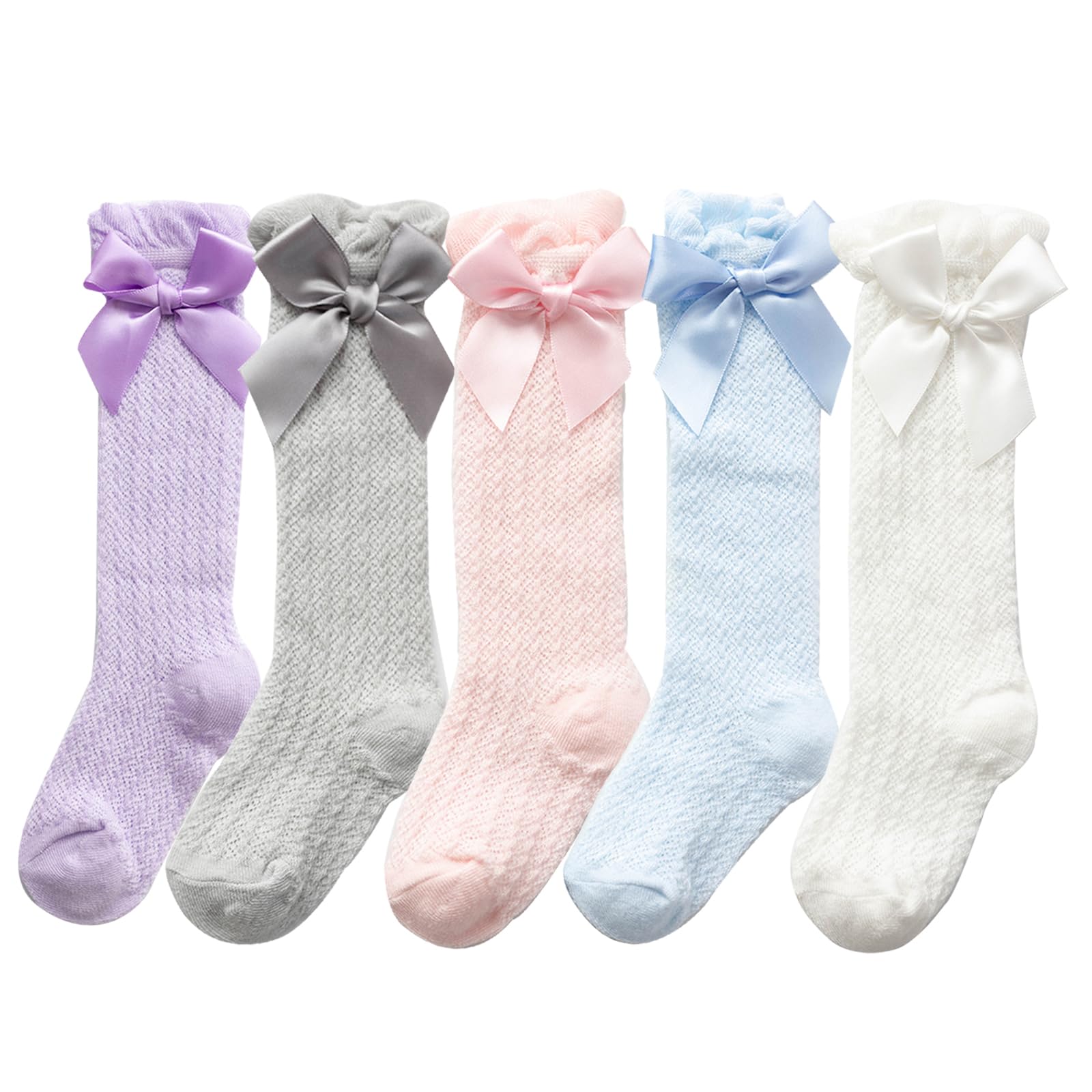 JUPSK Bebe Calcetines Largos Niña Calcetines Hasta la Rodilla con Lazos de Encaje Medias de Algodón Colorido Blanco Calcetines Verano Calcetines Calados para Bebé Pequeño Niños 1-3 Años 5 Pares