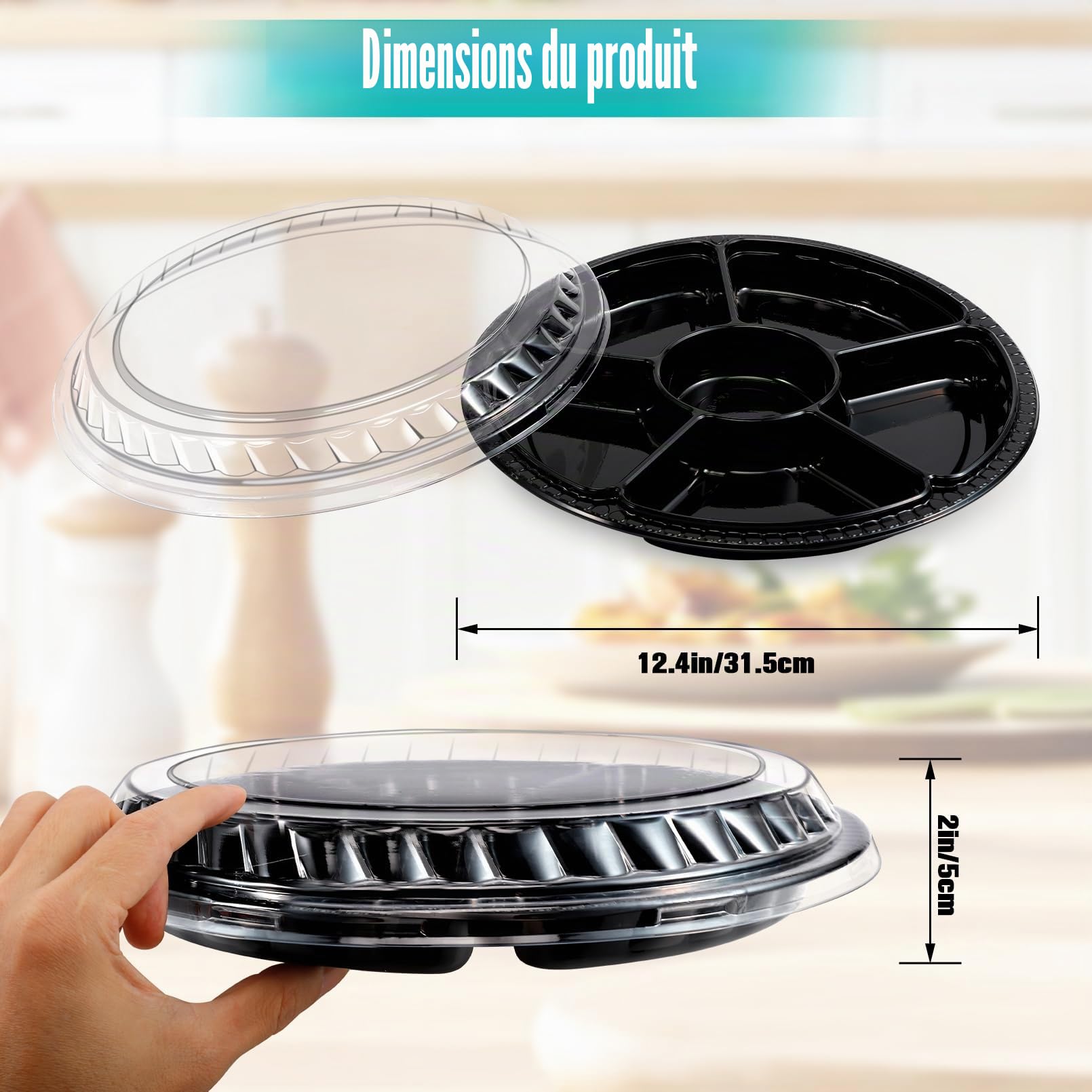 Lot de 30 plateaux à hors-d'œuvre avec couvercle, avec 6 compartiments séparés, plateaux robustes pour légumes, fruits, collations, plateau de service rond pour entrées, buffets de fête, noirs