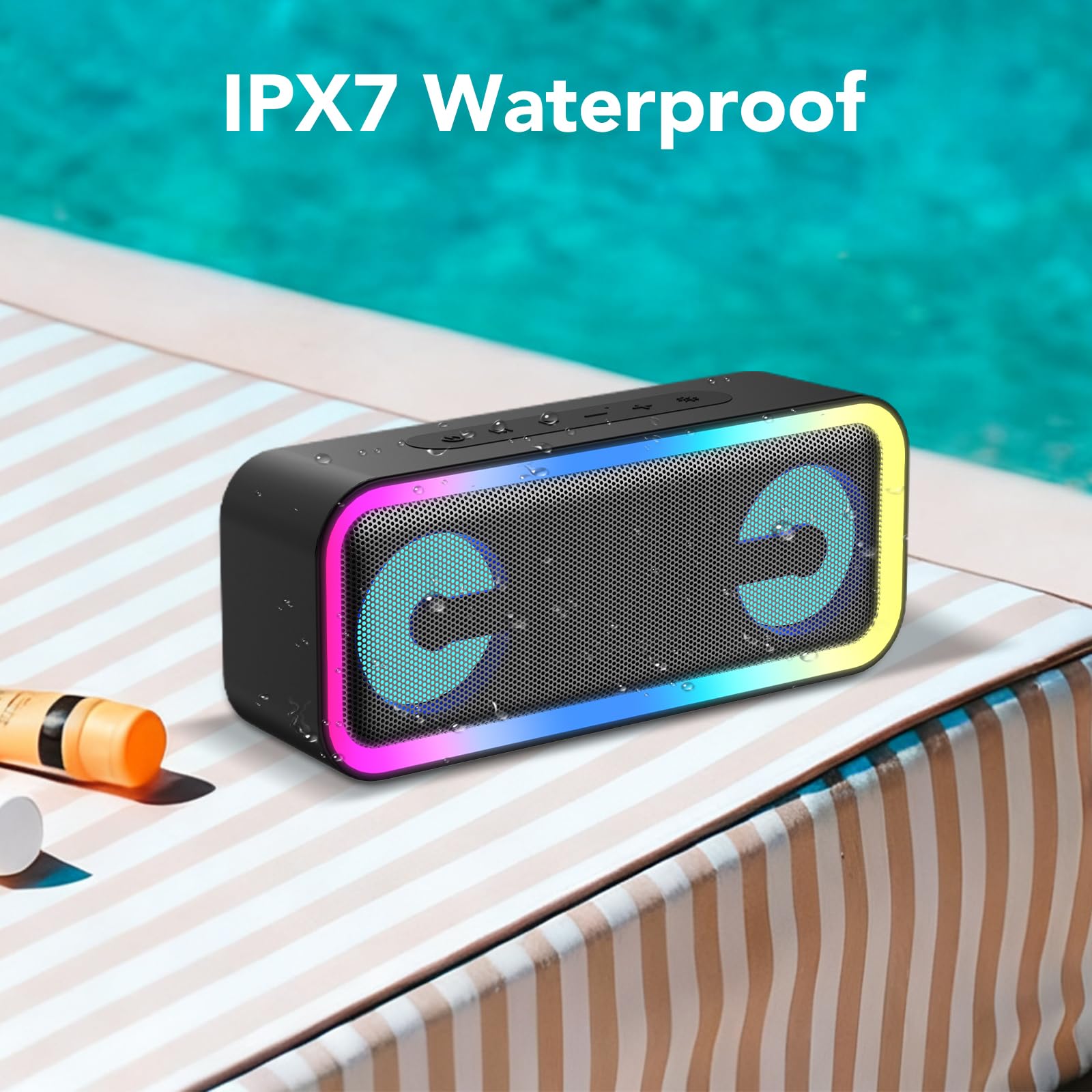 Cassa Bluetooth Potente Portatile con Luci, Speaker Bluetooth 5.4, 30W Basso Potenziato, IPX7 Impermeabile, 7 Luci RGB, 30 Ore Autonomia, Altoparlante Bluetooth per Party, TWS AUX TF-Card, Argento