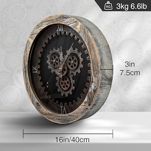 Miniatura 5 de ZBJZJM Reloj de pared grande de 16 pulgadas con engranajes móviles para decoración de sala de estar, madera decorativa, grande, estilo steampunk,