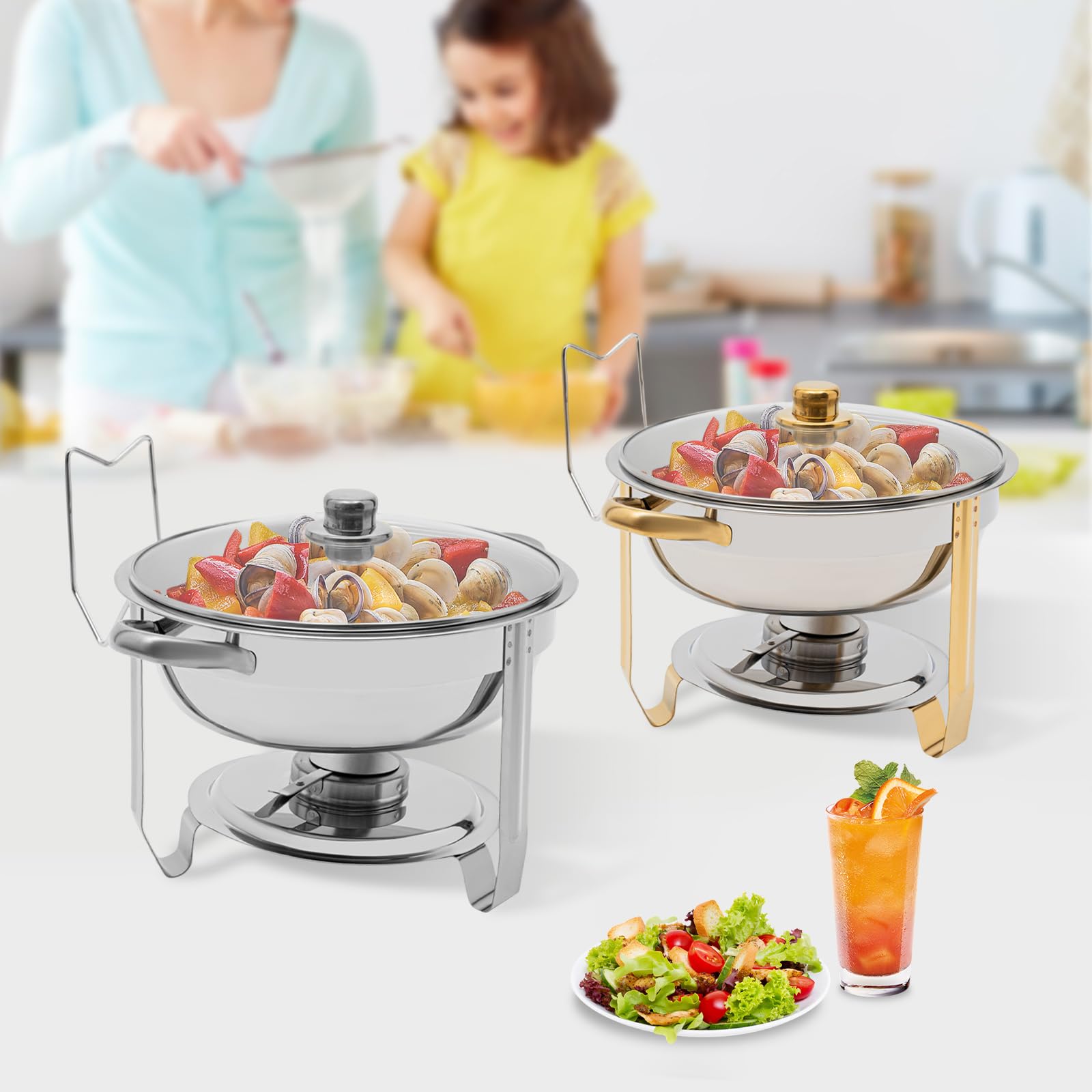 5 Qt in acciaio inox Chafing Dish rotondo con coperchio in vetro, contenitore scaldavivande, contenitore per buffet catering gastro e feste (acciaio inox oro)