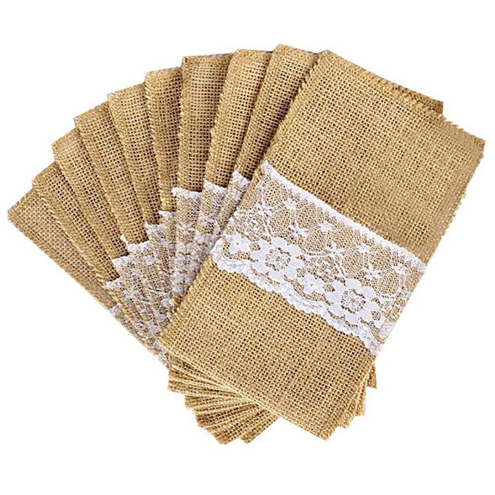 Alnicov Natural Burlap Lace Utensil Cutlery Holders Jute Napkin Bags for Vintage Wedding Party dinner Thanksgiving banquet Tableware Decorations(Lace-20 Packs)