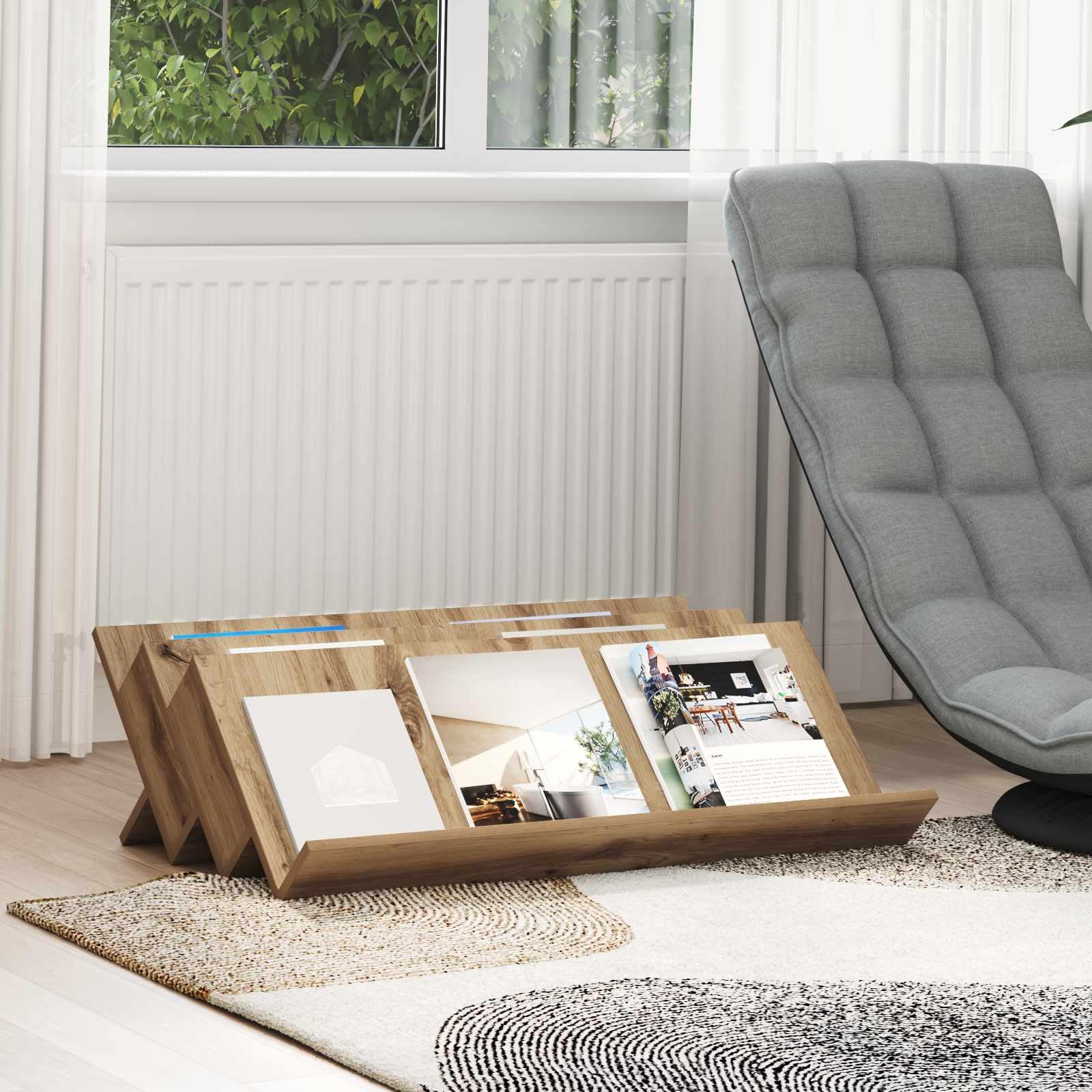 Regał na magazyny Artisan dąb drewnopochodny 90 x 53 x 28,5 cm z 3 półkami na deski, uniwersalny stojak na czasopisma i uchwyt na magazyny do salonu, biura, przedpokoju i kącika do czytania