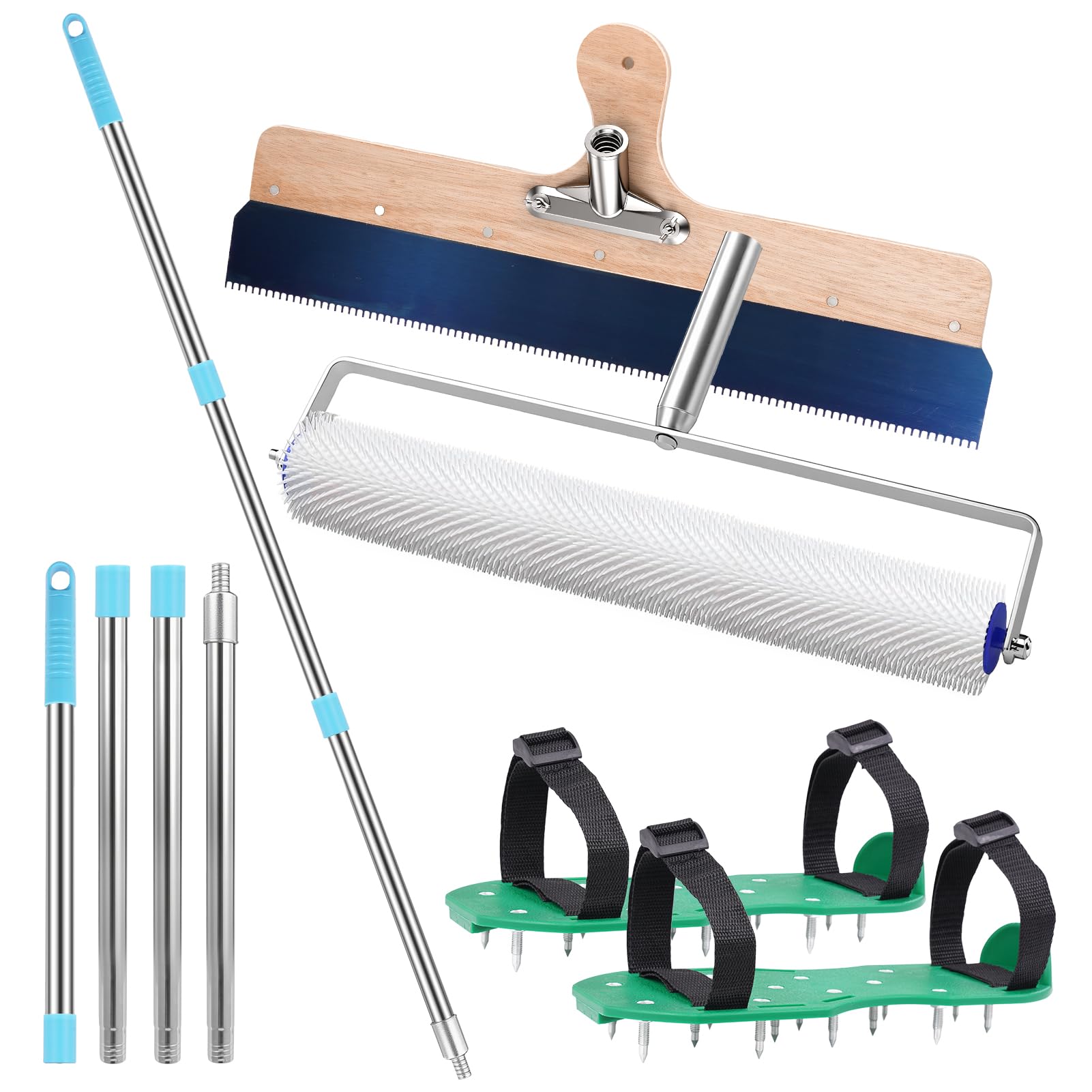 Juego de rodillos de ventilación para revestimiento de suelo, 560 mm, rasqueta dentada con mango, rodillo de ventilación de 11 mm, zapatos de uñas de 300 mm, barra telescópica de 160 cm