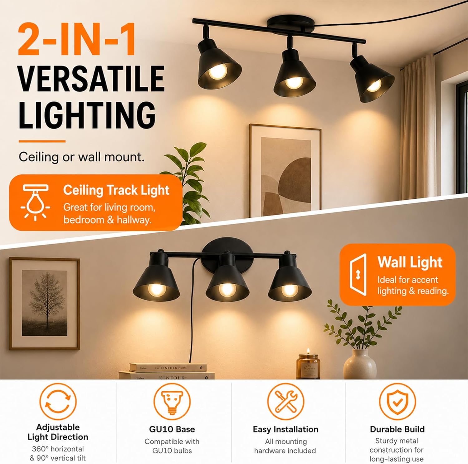 3 Light Plug in Track Lighting Kit,Modern Plug in Ceiling Light Fixture,16.4ft Cord,3 Way Ceiling Spot Lighting,Flexibly Rotatable Light Head (Black)