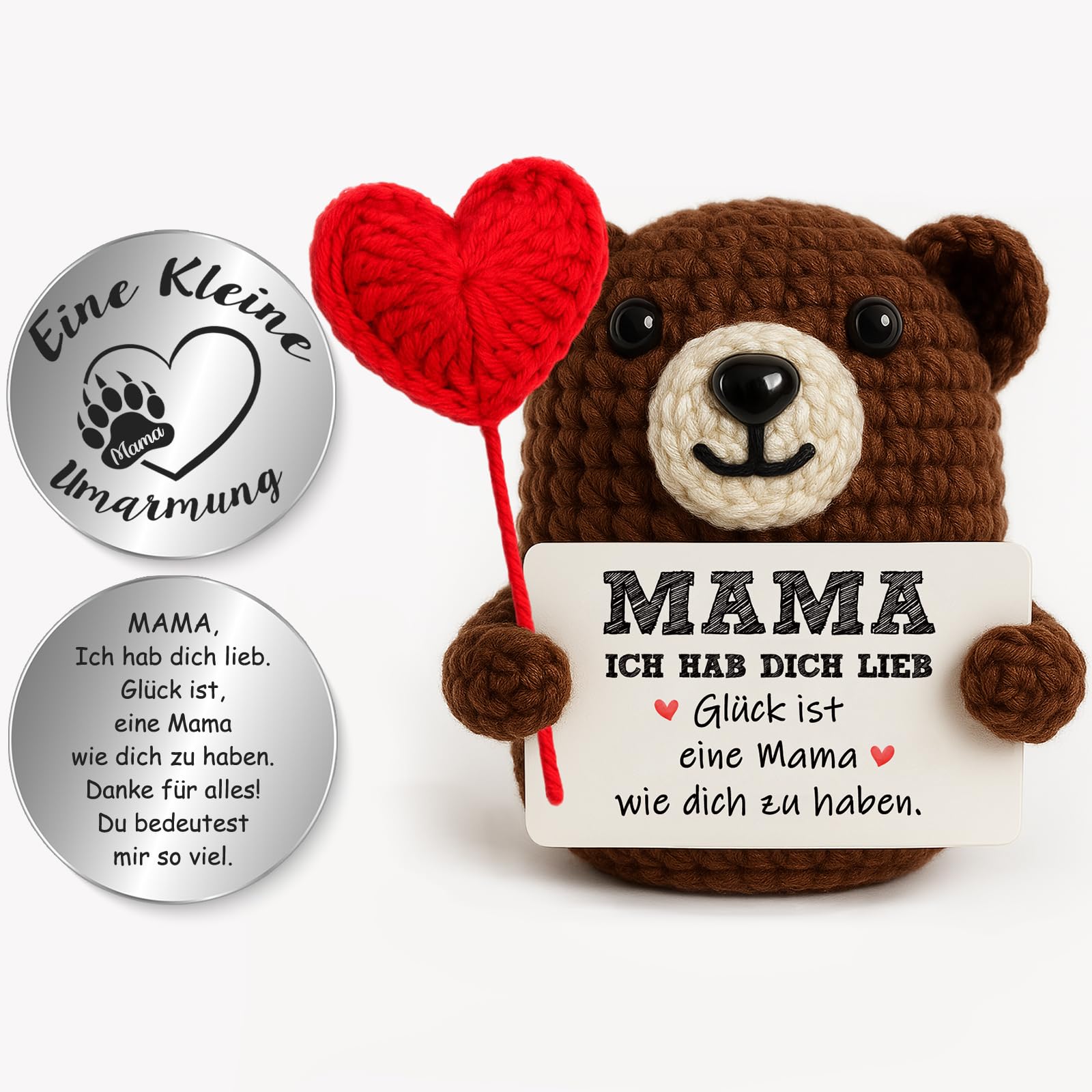 Tixlux Pocket Hug Muttertagsgeschenk Glücklicher Bär mit Herz, Geschenk für Mama, Handgefertigte Strickwolle Bär-Figur mit Umarmung Glücksbringer, Muttertag, Geburtstag, Gute Besserung, Weihnachten