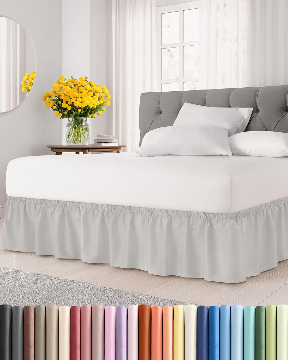 Wrap Around Dust Ruffle Bed Skirt, King Size - 12 Inch Drop, French Grey | Easy Fit Elastic Strap, Adjustable Pleated Bedskirt w/Brushed Fabric, Wrinkle & Fade Free, for Women, Men, Kids & Teens King/Cal King 12" - Drop 04 - French Grey