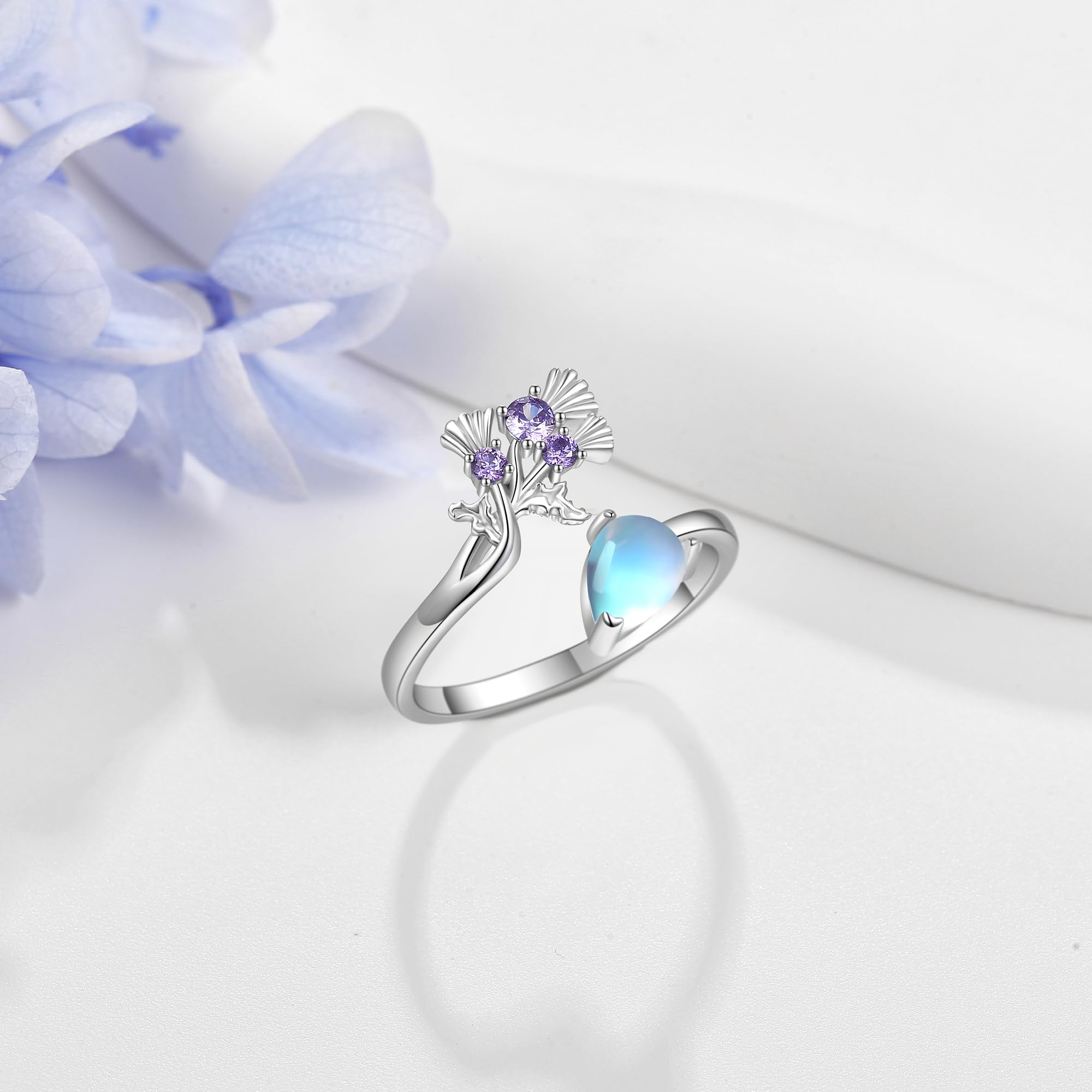 Schottische Distel Ringe 925 Sterling Silber Mondstein Distel Verstellbare Ringe Schottland Muttertag Schmuck Weihnachten Geschenk für Damen Frauen