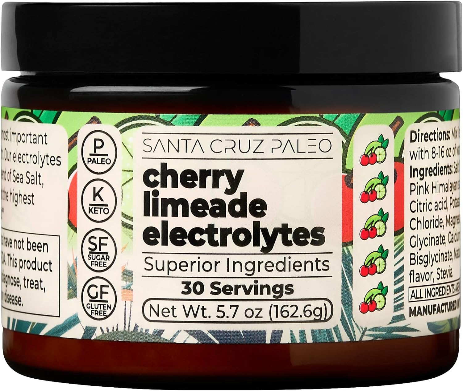 Santa Cruz Paleo Polvo de electrolitos, lima de cereza, mezcla de bebida de hidratación sin azúcar con sal rosa del Himalaya, sal marina, glicinato