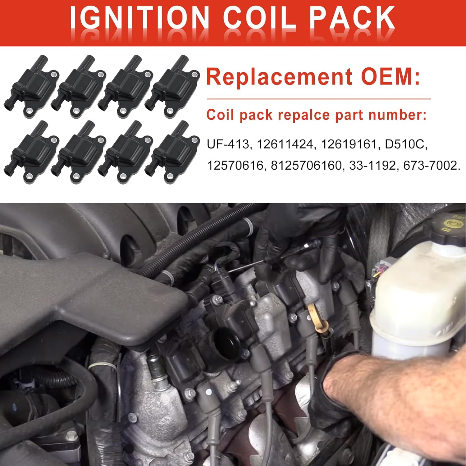 UF413 Ignition Coil Pack Set of 8 Compatible with Chevy Silverado Suburban Tahoe GMC Sierra Yukon Cadillac Escalade Buick Pontiac Hummer 4.8L 5.3L 6.0L 6.2L V8, Replace # 12611424 12570616 D510C