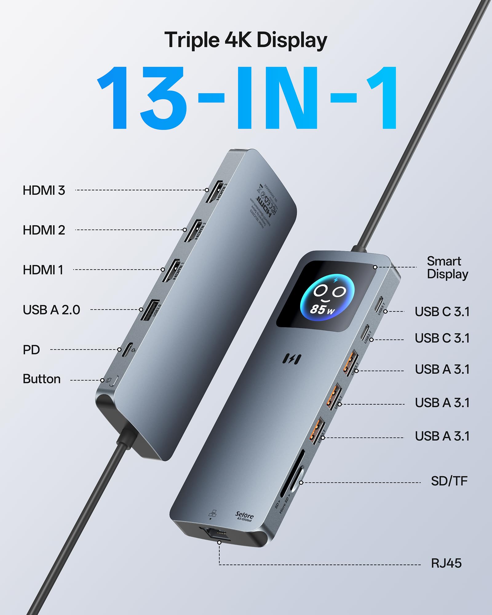 Station d'accueil USB C 3 HDMI, station d'accueil 13 en 1 3 moniteurs avec triple écran 4K, affichage intelligent, Ethernet 2500 Mbps, 5 x 10 Gbit/s USB 3.1, 100 W PD, SD/TF, station d'accueil USB C