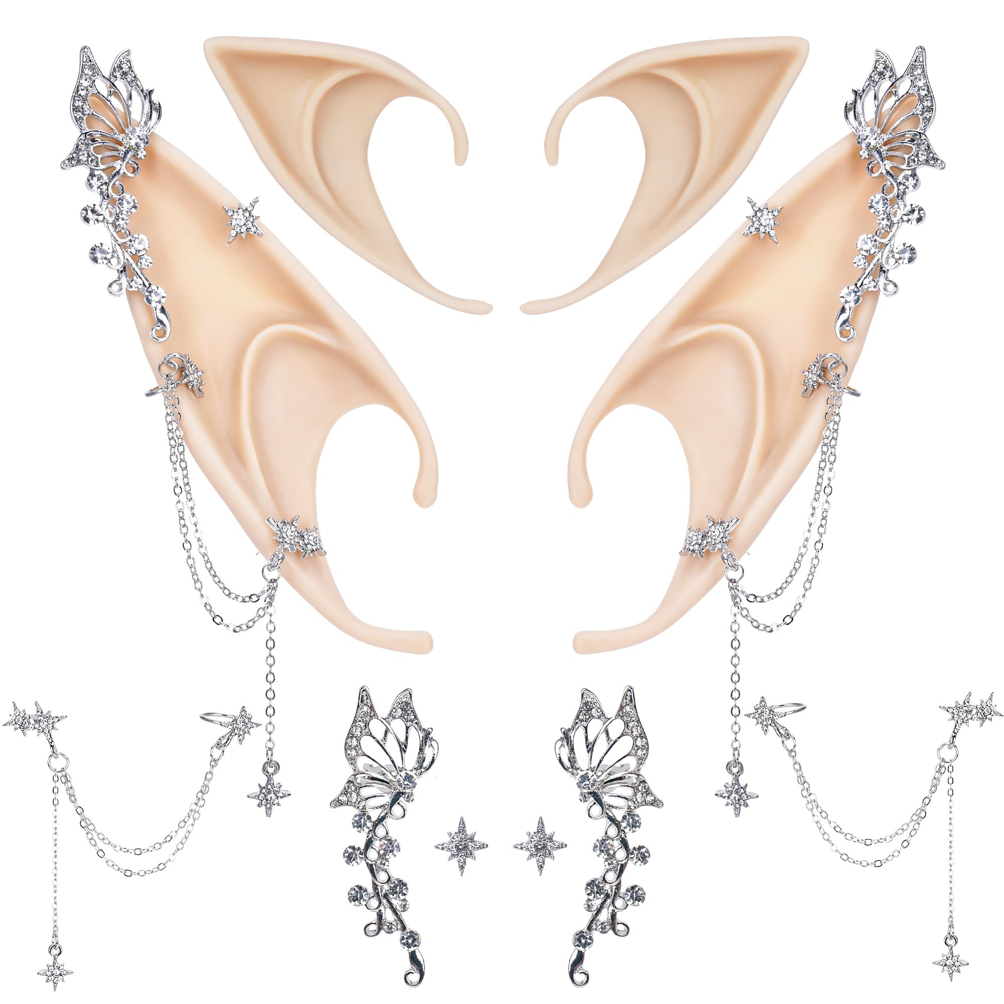FRESHME Elf Ears with Piercings - Handmade Fairy Ears with Gold Butterfly Earrings Cuffs