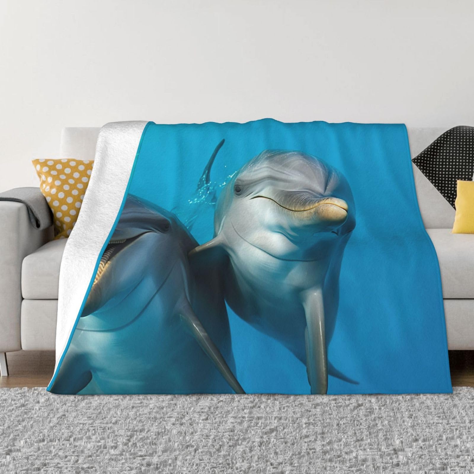 KLOPH Smiling Face Dolphins Throw Blanket 40"x30" Flannel Fluffy Warm Blanket for Couch, Reversible Plush Blankets for Bed, Comfy Fuzzy Blanket for Sofa, Plush Lightweight-Blankets for All Season