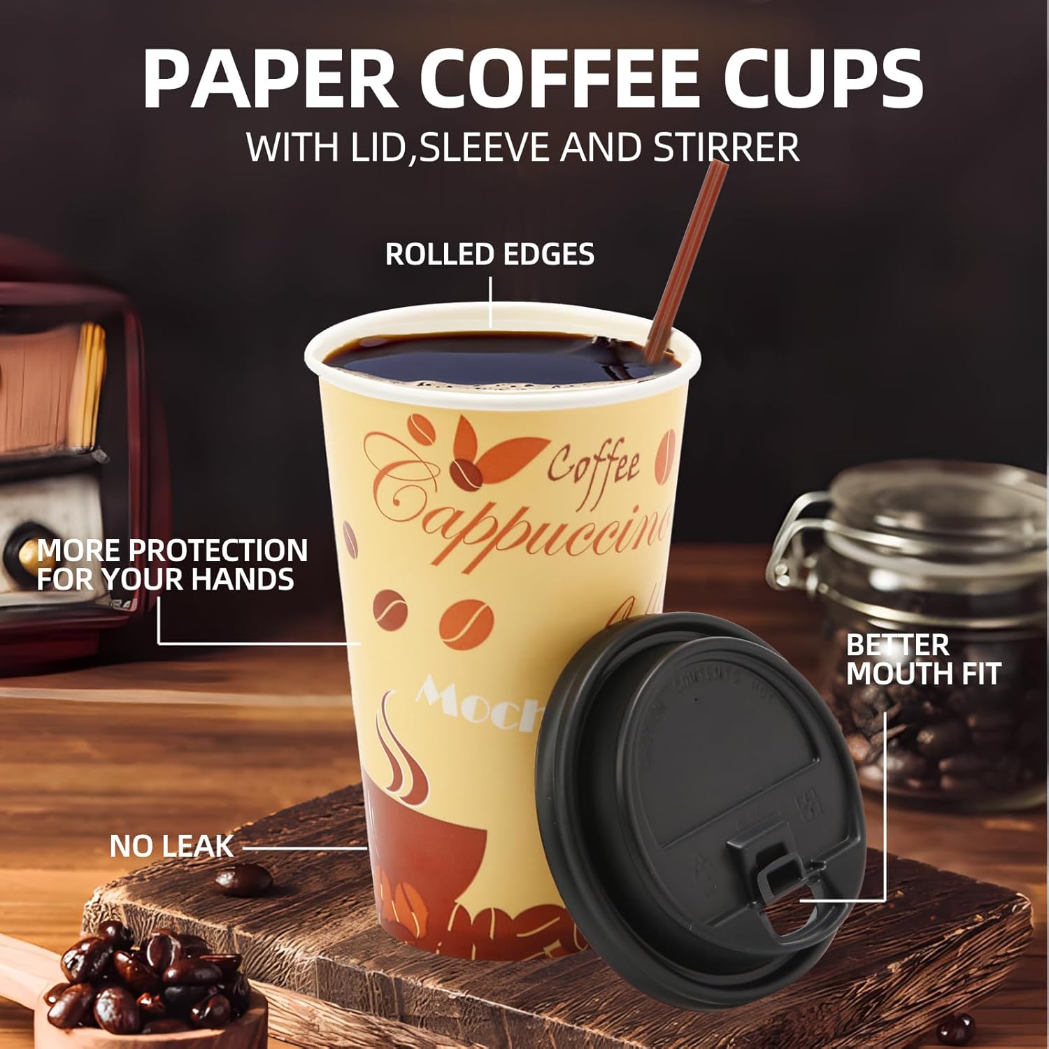 Tamone 100 PACK 20OZ thanksgiving cups - Disposable Coffee Cups with Lids and Stirrers, To Go Coffee Cups with Lids Leak Proof, Coffee Design Brown Paper Cups for Cold/Hot Beverage Chocolate Cocoa - Image 3