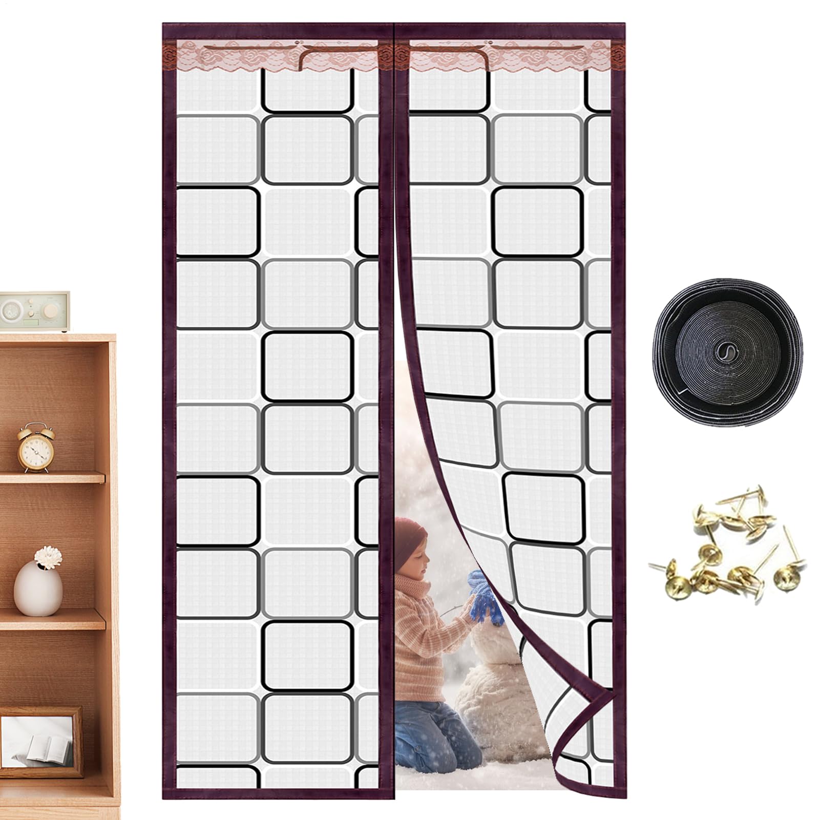 Moustiquaire magnétique pour porte coupe-vent avec grille de maintien au chaud maison