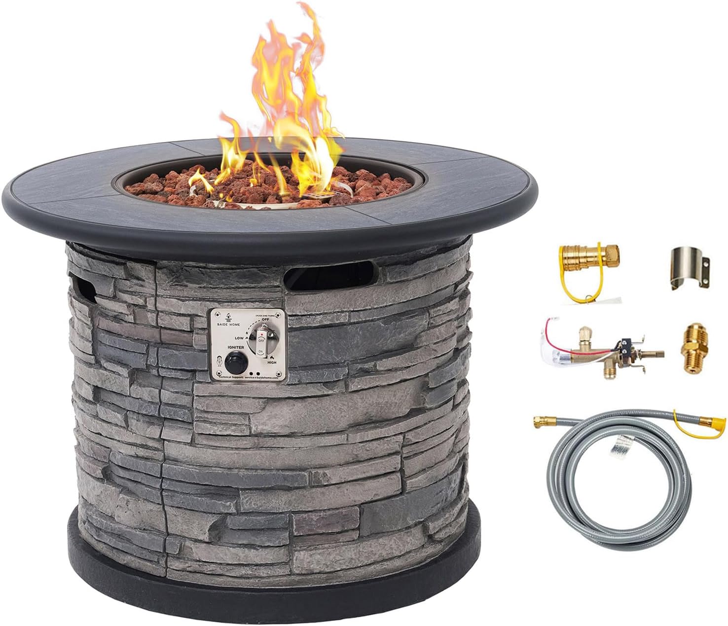 32-Inch Outdoor Porcelain Tile Gas Fire Table, 50,000 BTU Round Propane Fire Pit Table, Concrete Composite Firepit Base with Faux Stacked Stone Texture, Lid, Lava Rocks, Push-Button Ignition, Cover