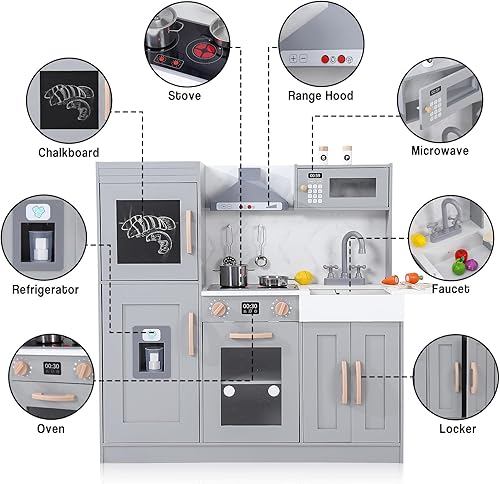 Miniatura 3 de Garvee Juego de cocina de madera, cocina de juego de simulación con accesorios de utensilios de cocina, microondas, horno, fregadero, luces reales y