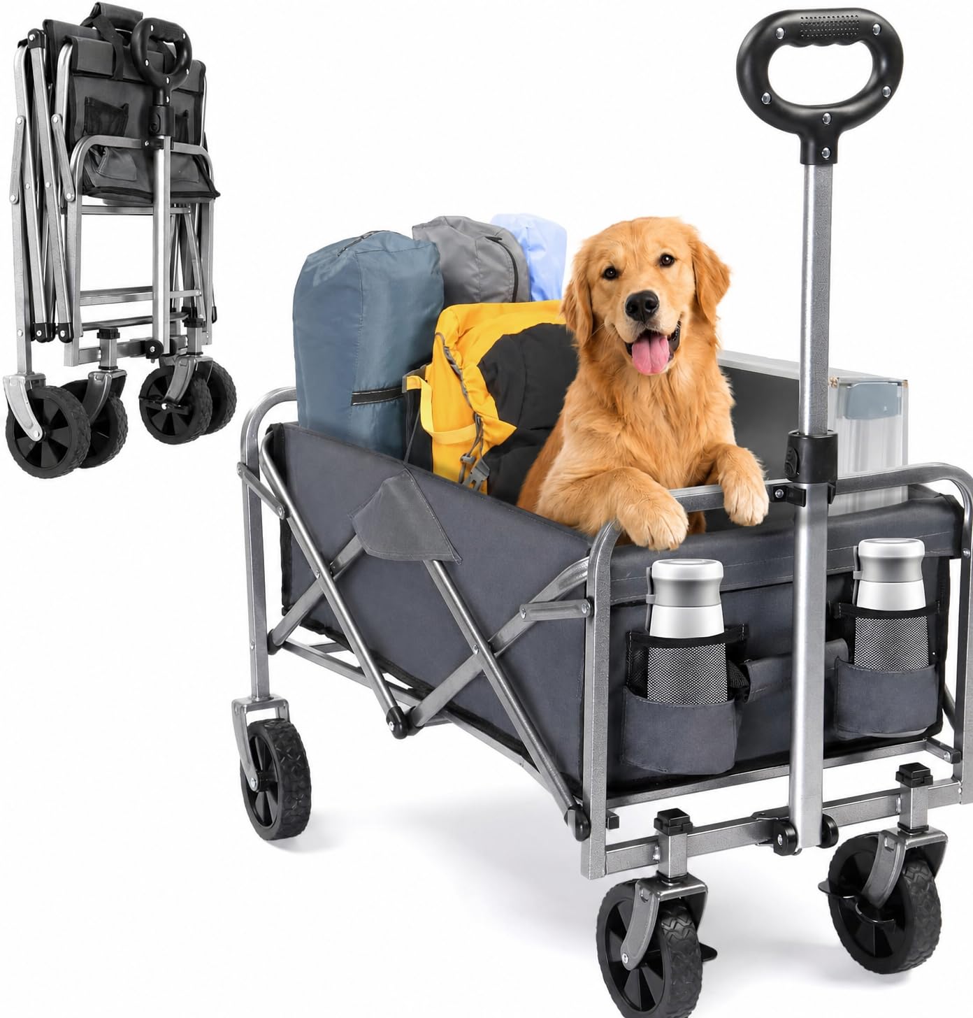 Chariot Pliable à Roulette - Chariot de Plage, Roues Tout-Terrain, poignée réglable, Taille compacte(74x45x84 cm) - avec Jusqu’à 100kg - Idéal pour Camping, Plage, Jardinage, Gris