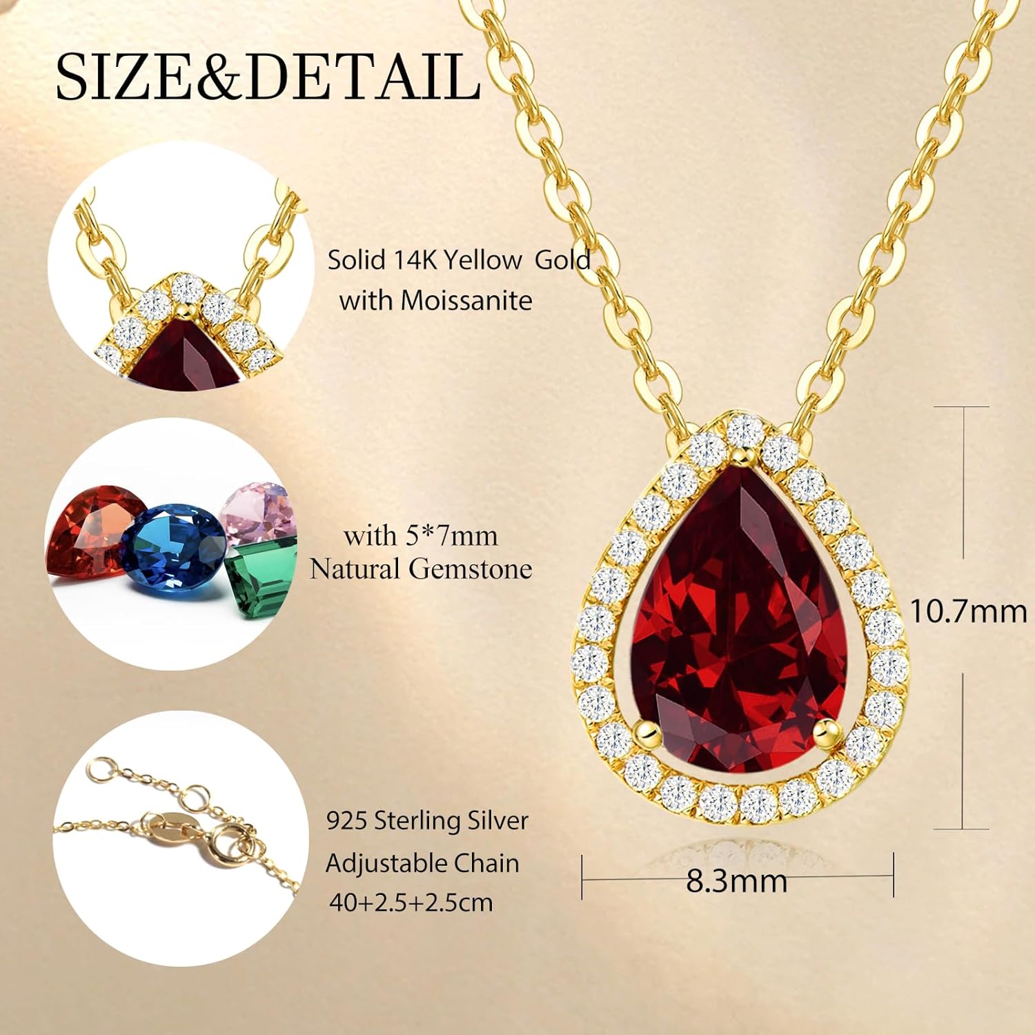 FANCIME 14K Yellow Gold Necklace Natural Gemstone Halo Teardrop Pendent with Moissanite, Fine Jewelry Wedding Gift for Women Her, 16" + 2" Extender - Image 4