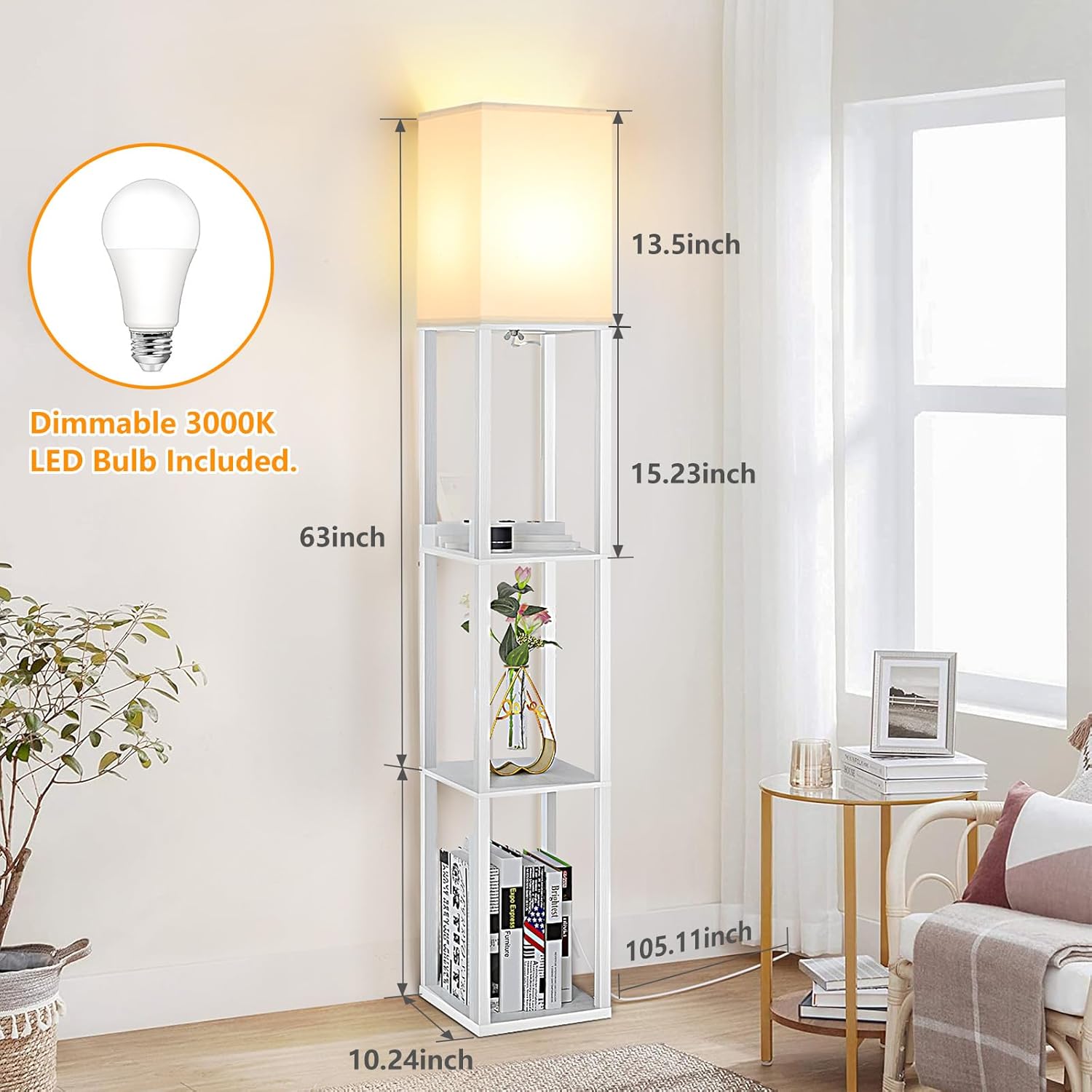 FOLKSMATE Touch Control Shelf Floor Lamp, Modern Dimmable LED Standing Lamps with Shelves, Charging USB Ports, Type C Port and Power Outlet, Wood Tall Light for Living Room, Bedroom, Bedside，White