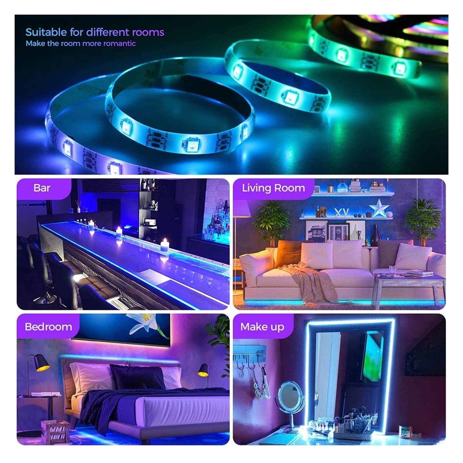 Bande lumineuse LED RGB5050 - Ruban flexible à diode LED pour décoration de chambre, rétroéclairage TV, maison (BT 24 touches, 40 m)