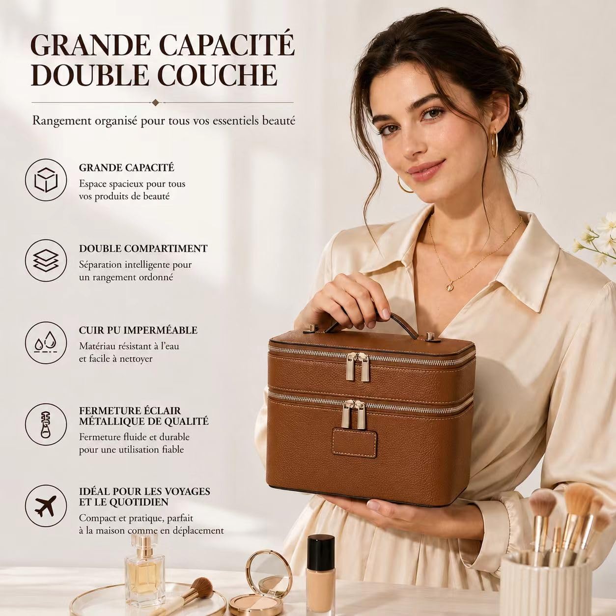 Trousse de Maquillage Double Couche Grande Capacité, Vanity Voyage avec Compartiment Amovible, Sac de Toilette Imperméable à Pochettes Multiples pour Femme