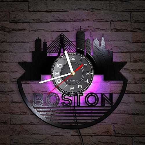 Reloj de pared de disco de vinilo Boston de 12 pulgadas con 7 colores cambiantes, horizontes de ciudad de EE. UU., moderno, decorativo, silencioso,