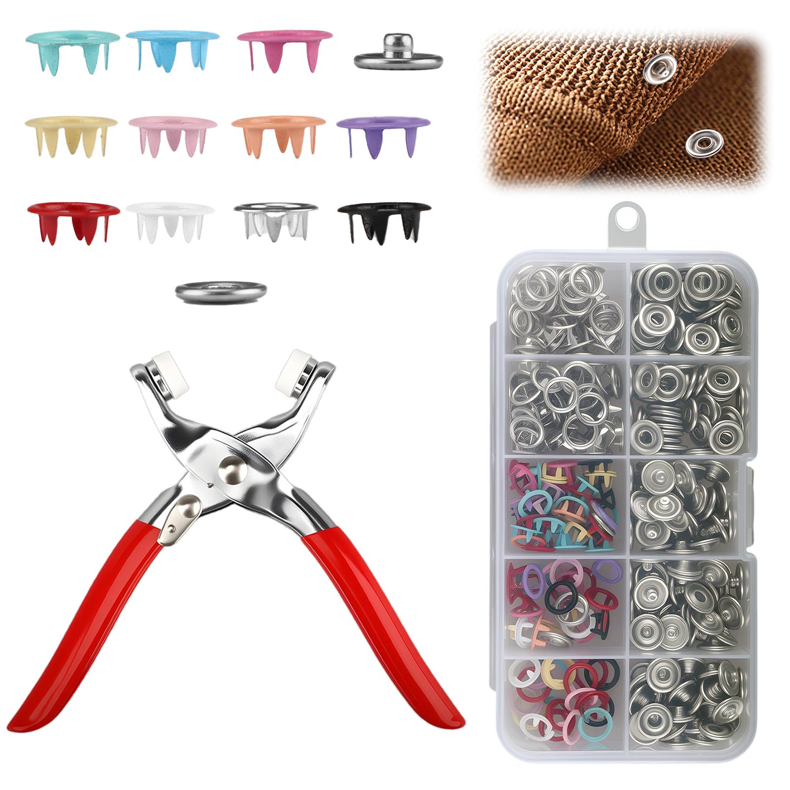 Snap Button Fastener Kit 100 Sets, Metal Poppers Fasteners 9.5mm Colorful Snap Fasteners with Pressure Pliers No Sewing Five Claw Buckle Press Studs for DIY Clothing Bags Crafts Handmade (10 Colors)