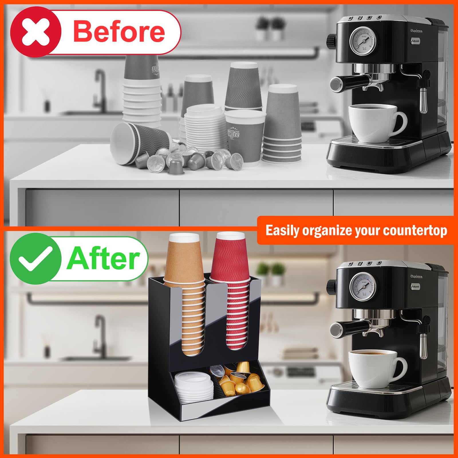MYITYARD Porta tazze da caffè per piano di lavoro, dispenser per tazze e coperchio, con 4 scomparti, organizer per stazioni di caffè, accessori per bar, per casa, cucina, ufficio e sala pausa