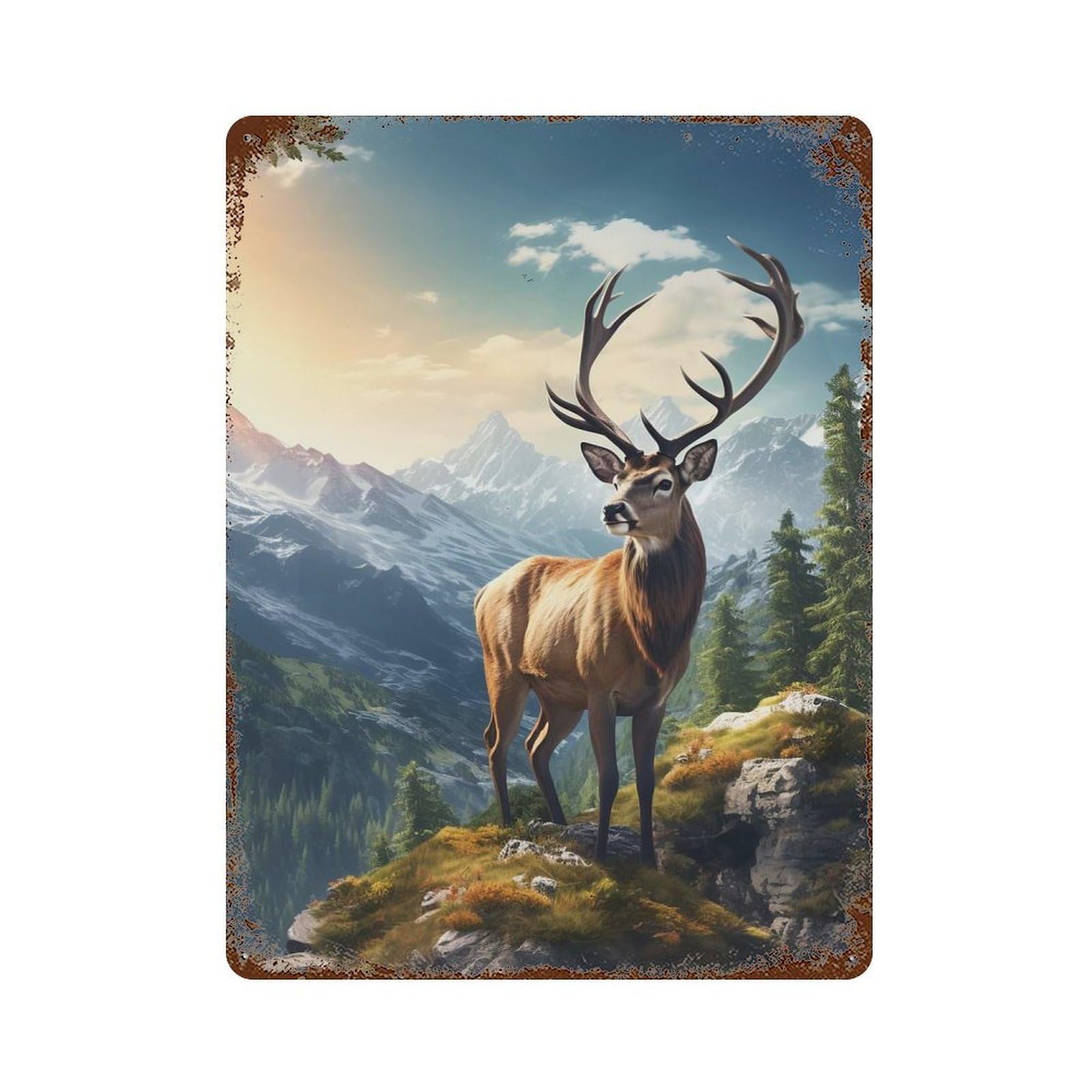 Deer Mountains Distressed Metal Wall Sign 15.7"x11.8", Rustic Home Decor for Living Room, Hallway And Home Decor