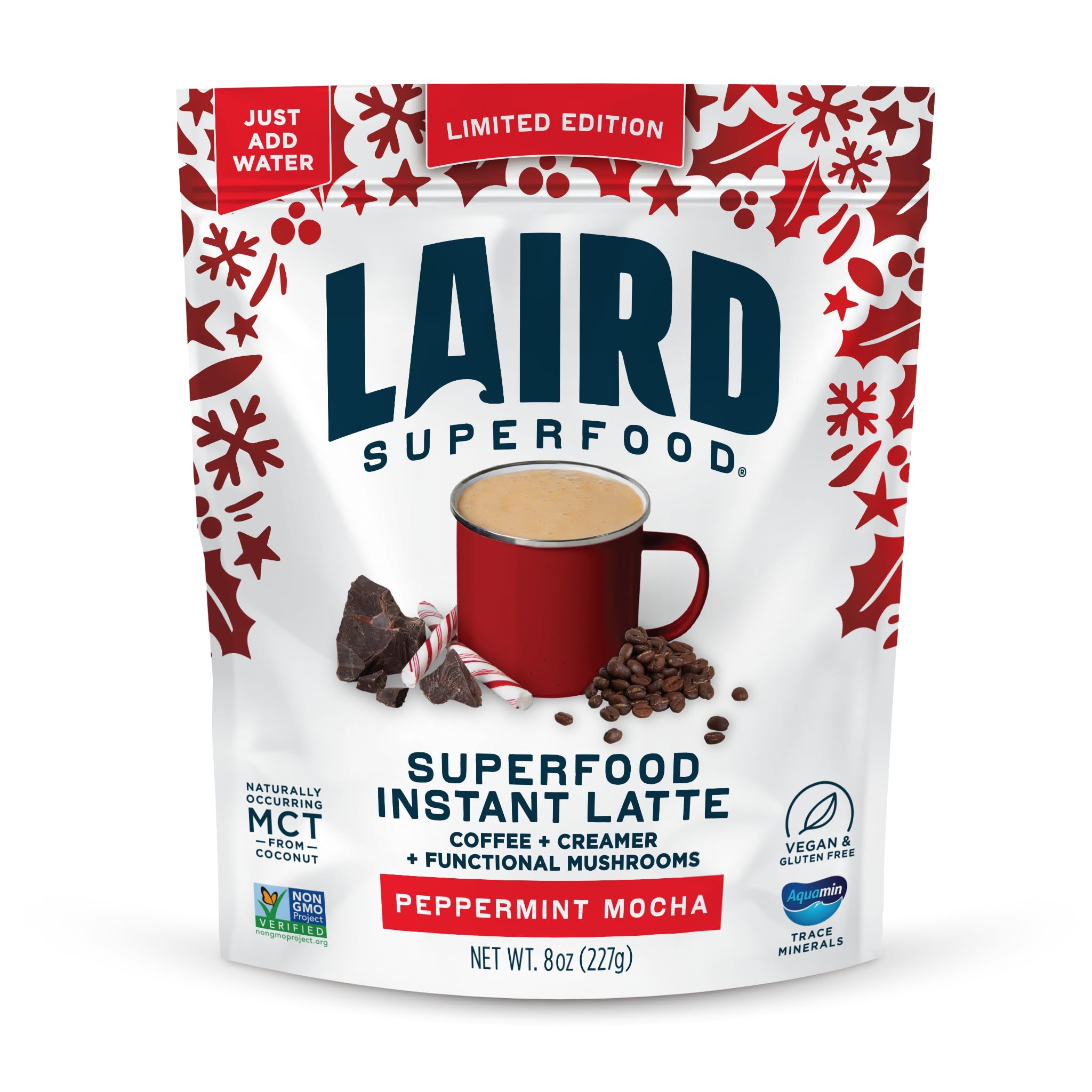 Laird Superfood Peppermint Mocha Instant Latte with Adaptogens – Antioxidants and Superfood Coconut Creamer – Boost of Functional Fuel – Gluten Free, Non-GMO, Vegan, 8 oz. Bag, Pack of 1
