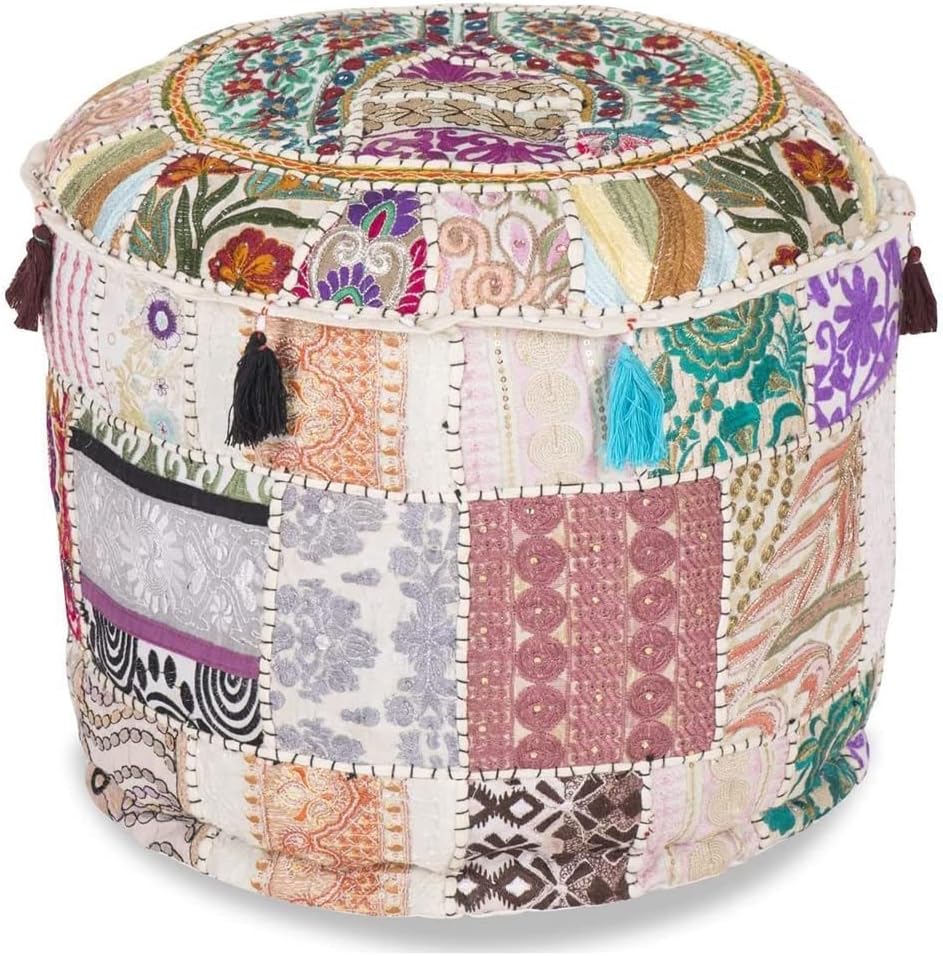 Aakriti Gallery Indian Pouf Footstool Ethnic Embroidered Pouf Cover, Indian Cotton Round Pouffe Ottoman Pouf Cover Pillow Ethnic Decor Art - Cover Only (White, 22x14)