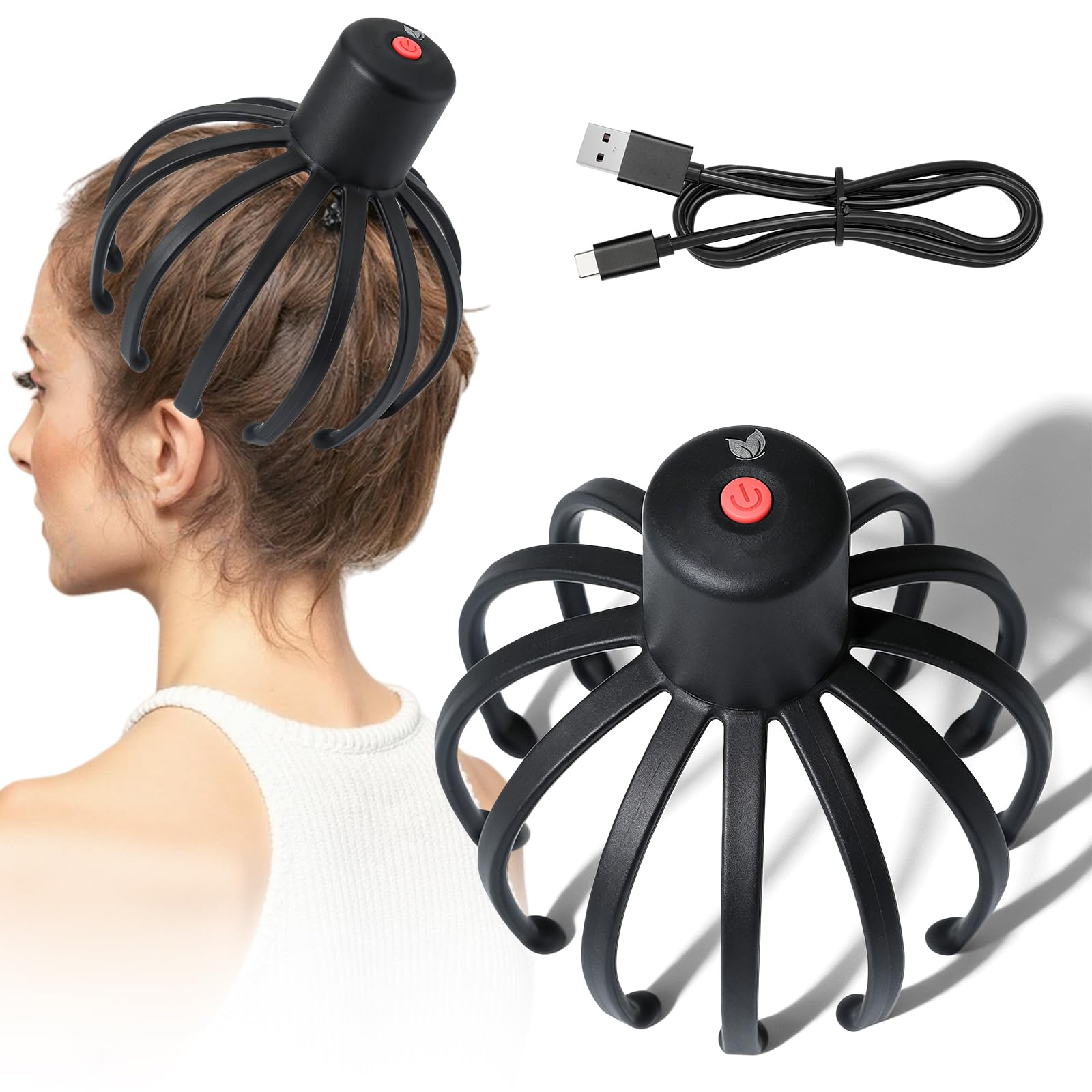 Masseur de tête électrique à 360° avec 3 modes, rechargeable sans fil, portable, pour la relaxation, le stress et la circulation sanguine, noir
