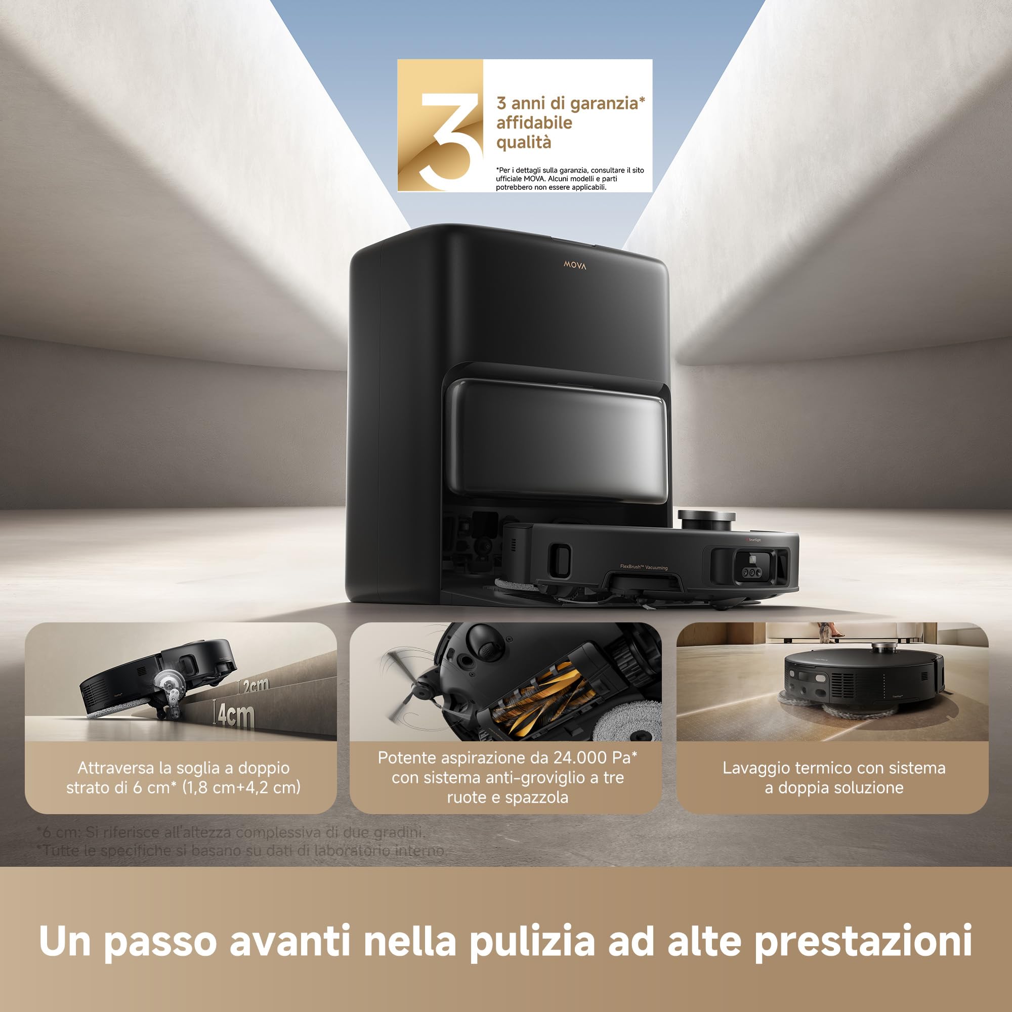 Mova V50 Ultra Complete Robot Aspirapolvere e Lavapavimenti, Potenza di Aspirazione da 24.000 Pa, con Svuotamento Automatico, Lavaggio Termico con Sistema Aoppia Soluzione, Sistema StepMaster, Nero