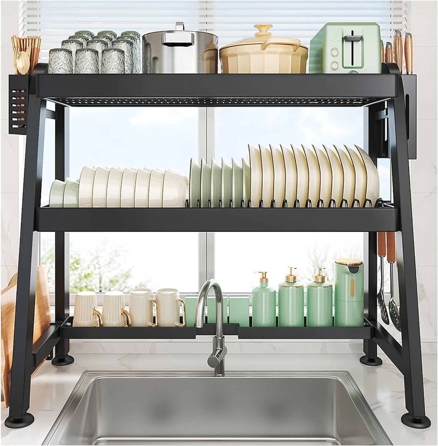 TYUHDUYUR 2-Tier Over Sink Dish Drying Rack Kitchen Shelf Organiser Dish Drainer Drying Rack Utensils Holder Metal, 66cm, Black