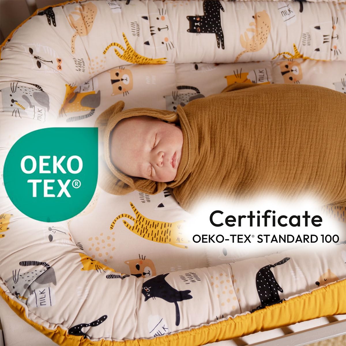 PaLulli Babynest zestaw 4-częściowy, 95 x 55 cm, wyposażenie dla niemowląt z materacem i kotem, 100% bawełna, hipoalergiczne, dla noworodków 0-8 miesięcy (beżowy kociak)